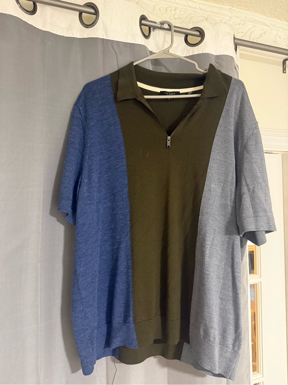 Ted Baker Colorblock Short Sleeve Polo with Zip Collar - Blue & Olive